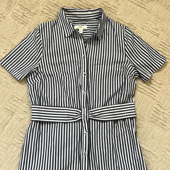 1901 Navy White Striped Button Down Shirt Dress, 100% cotton,  Size 10 - Picture 5 of 13